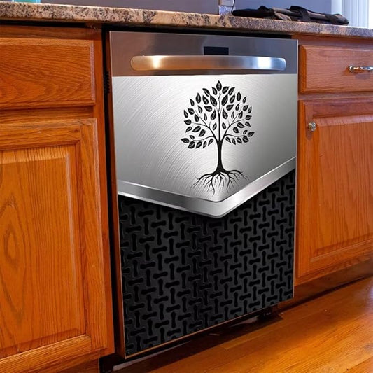 Dishwasher Front Panel Covers Magnetic Sticker Panel Decal Stainless Steel Design Tree Pattern Refrigerator Magnetic Cover Sticker Decorative for Kitchen Decor 23W x 26H inchs