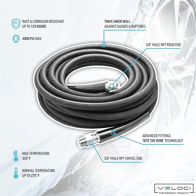 MTM Hydro Kobrajet High Pressure Washer Hose 3/8” 4000 PSI 100’ for Car Wash and Detailing, Pressure Washer Accessories, Black Commercial Grade