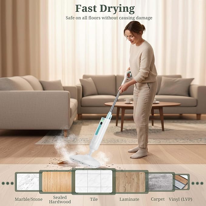 Steam Mop for Floor Cleaning, Lightweight Floor Steamer for Hardwood, Tile, Laminate & Carpet, Quick-Heat Steam Cleaner with Visible Water Tank and 2 Washable Pads, White and Green