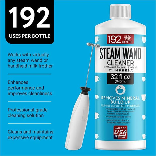 IMPRESA 32 oz Steam Wand Cleaner, Removes Mineral Buildup and Milk Protein Residue in Steam Wands, Milk Frothers, and Stainless-Steel Pitchers, Up to 192 Uses, Barista Cleaning Tool