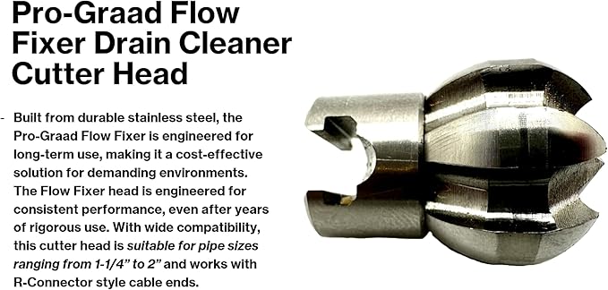 1” Flow Fixer Drain Cleaner Plumbing Snake Cutter Head for 1-1/4" - 2" Pipes, Clears & Scrapes Pipe Inner Walls, with R-Connector (Push Pin Fitting), for Commercial & Residential Use