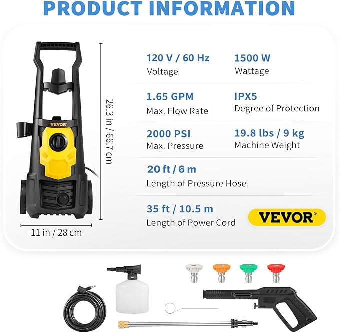 VEVOR Electric Power Washer, 2000 PSI 1.65 GPM, Portable Cleaner with 30ft Hose, Foam Cannon & 5 Nozzles for Cars, Patios, Fences - ETL Listed