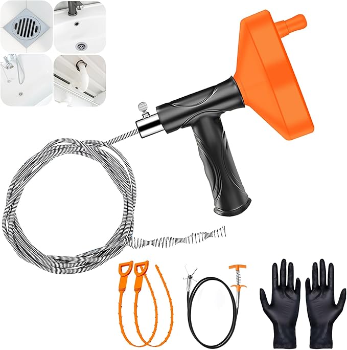 33 Feet Drain Snake Auger, Plumbing Snake Drain Hair Clog Removal Tool, Sink Unclogger Drain, Heavy Duty Toilet Snake Auger, Cleaner Tool for Bathroom Kitchen Tub Shower Drain Clog Remover with Gloves