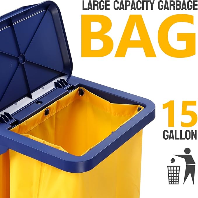 TUFFIOM Multifunctional Janitorial Cart with Key-Locking Cabinet,Cleaning Carts on Wheels,with 15 Gallon Collection Bag,500 lbs Capacity, Yellow&Blue