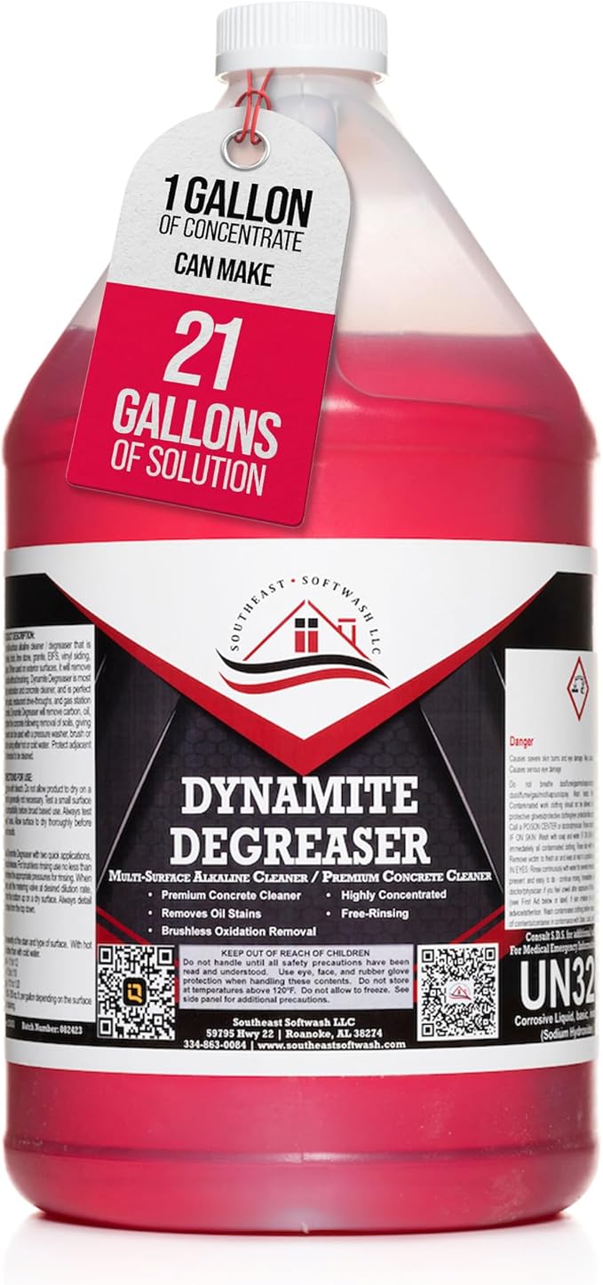 Dynamite Degreaser by Southeast Softwash | Heavy Duty Degreaser Cleaner for Oil and Grease | Driveway Cleaner for Concrete, Dumpster Pads, Gas Stations and Commercial Surfaces | 1 Gallon