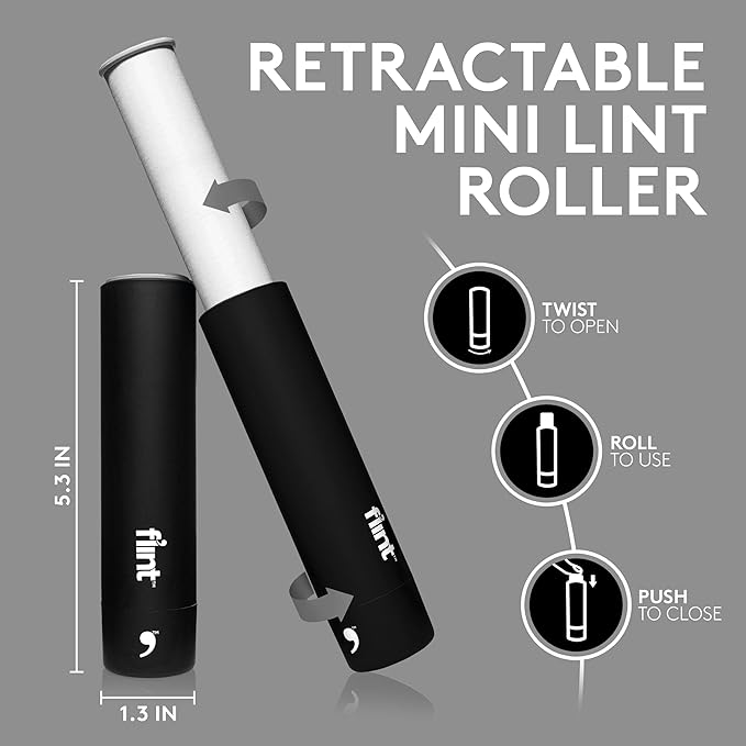 Flint Classic Black Retractable Mini Lint Roller with 90 Extra Sticky Sheets, Small and Portable Lint Roller, Ideal Pet Hair Remover, Travel Lint Rollers for pet Hair Extra Sticky - Image 2