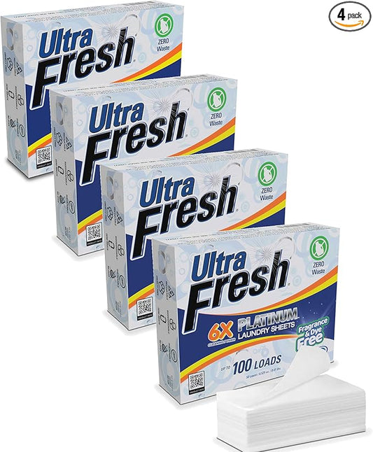 Ultra Fresh Platinum 4 Pack Laundry Soap Detergent Sheets, Ultra Concentrated, Stain Fighting, Fragrance & Dye Free, 400 Loads
