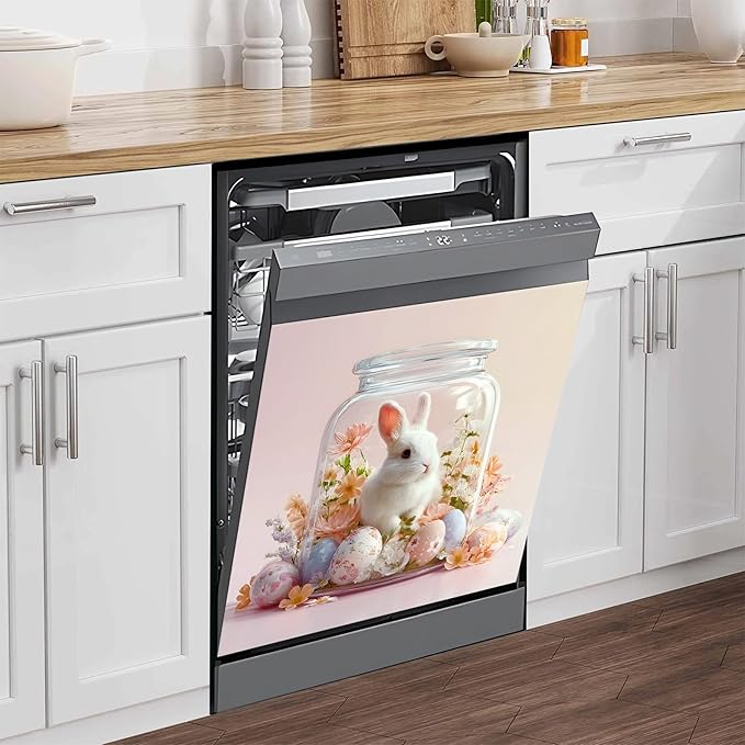 NYZE Easter Dishwasher Magnets Cover, Bunny Eggs Dishwasher Magnetic Sticker Decorative, Reusable Dish Washer Cover for Dishwashers (Bunny in Jar)