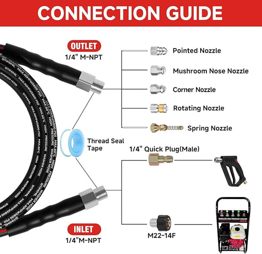 Sewer Jetter Kit for Pressure Washer 150FT, Drain Cleaner Hose 1/4 Inch NPT, NPT Corner Swivel and Push Button Nose Sewer Jet Nozzle Wrenches Gloves Waterproof Tape Pearl Brooch,5800PSI