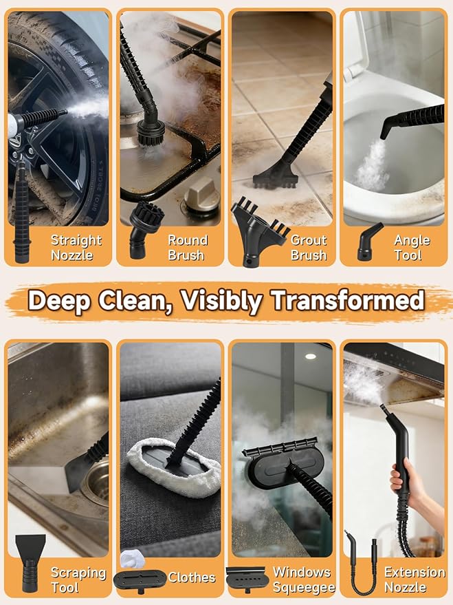 Killrose Handheld Steam Cleaner, Pressurized Steam Cleaner with 10–15s Fast Heat, Dual Power Modes & Self-Clean, Multi-Surface Steamer with 12 Accessories for Kitchen, Bathroom