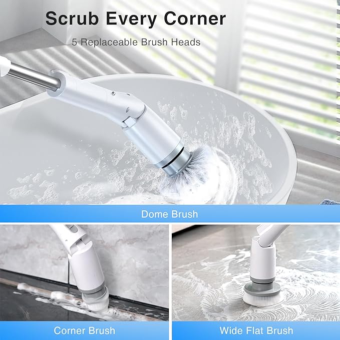 LABIGO Electric Spin Scrubber LA3 Pro, Cordless Bathroom Scrubber with 5 Replacement Head, 3 Adjustable Angle, Household Power Cleaning Brush with Extension Arm for Bathtub Car Grout Tile Floor