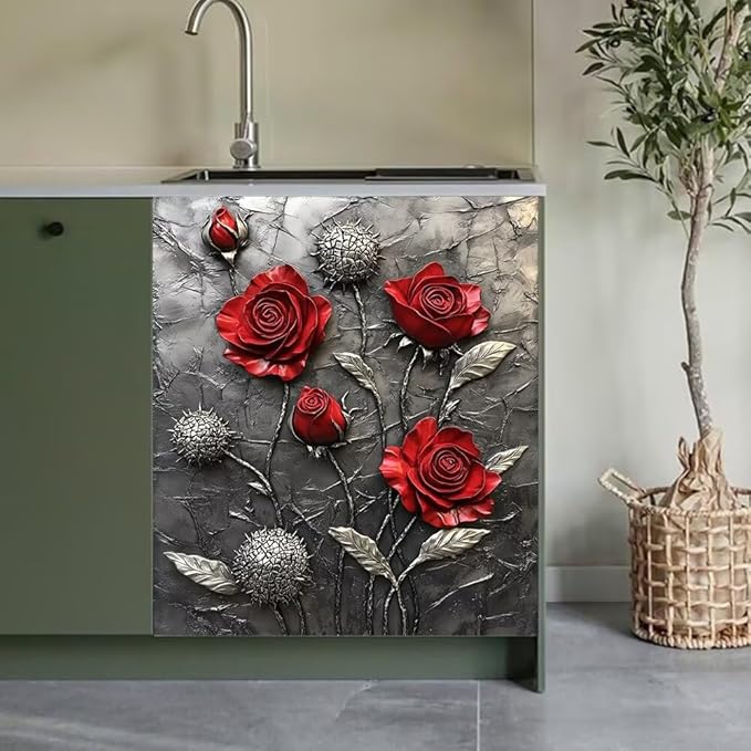 Kitchen Decor Dishwasher Magnet Cover Decal, Metal Red Roses on Gray Textured with Silver Leaves Magnetic Dish Washer Door Vinyl Sticker, Refrigerator Magnets,Easy to Clean, 23 x 26 inch