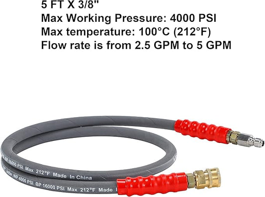 M MINGLE Pressure Washer Jumper Hose, 5 FT Whip Hose for Power Washer, Hose Reel Connector with 3/8 Inch Quick Connect