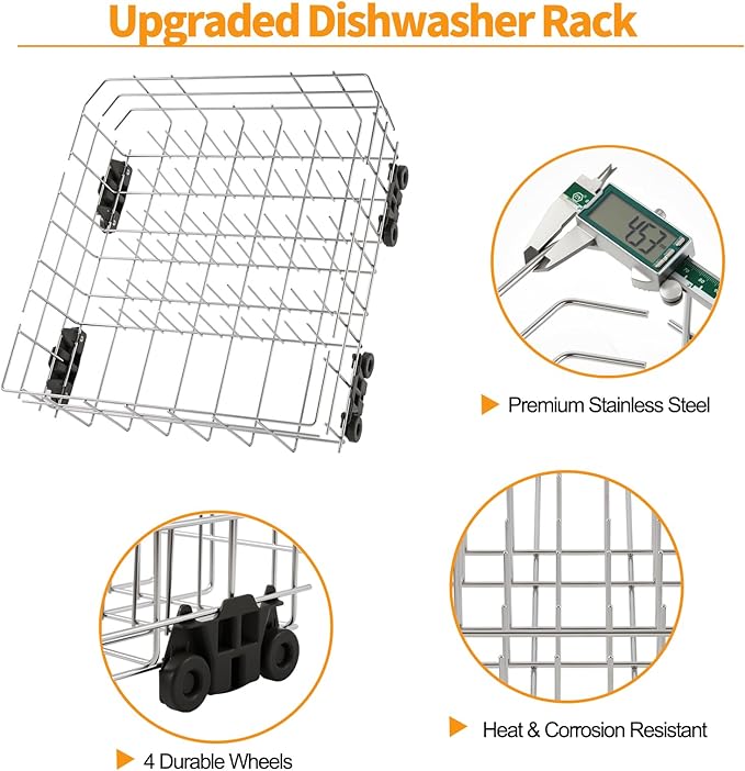 Upgraded W10728159 Dishwasher Lower Rack Stainless Steel Replacement Parts for Maytag Kitchenaid Dishwasher Rack W10525646 W10780925 Dishrack Whirlpool Kenmore Dishwasher Bottom Rack Assembly Wheels