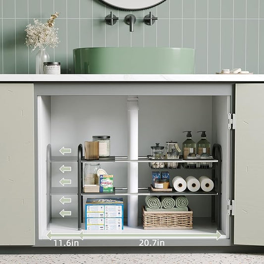 NETEL Under Sink Organizers and Storage, 2 Tier Expandable Under Cabinet Organizer Shelf with 2 Baskets and 6 Panels, Expandable Shelf for Cupboard, Kitchen, Bathroom, Shoe Storage Rack