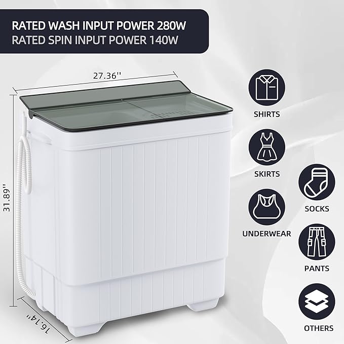 Elevon Portable Washing Machine Twin Tub 18.7 Lbs Capacity, (14.3 Lbs) and Spinner(4.4 Lbs) Combo Mini Compact Laundry Washer for Home, Apartment, Camping, RVs and Dorms, Black/White