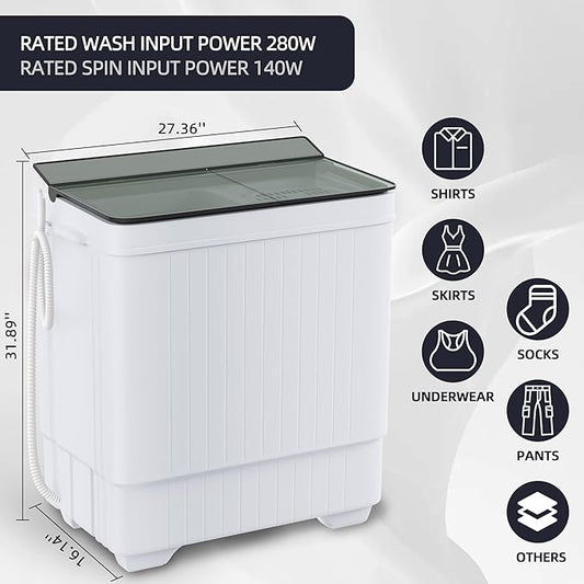 Elevon Portable Washing Machine Twin Tub 18.7 Lbs Capacity, (14.3 Lbs) and Spinner(4.4 Lbs) Combo Mini Compact Laundry Washer for Home, Apartment, Camping, RVs and Dorms, Black/White