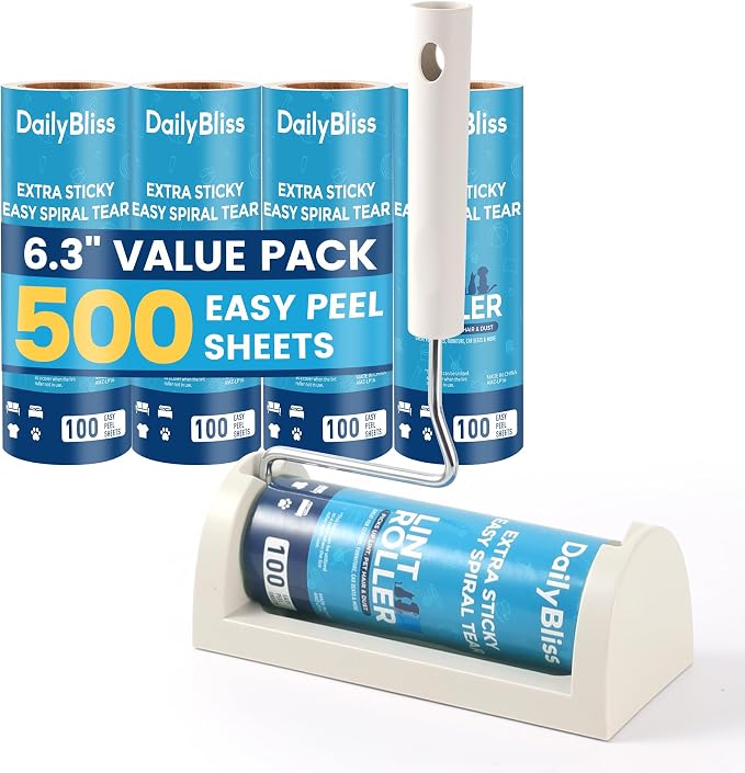 Extra Sticky Large Surface Lint Roller for Pet Hair, 500 Sheets | Easy Spiral Tear, 6.3" Wide Lint Roller, Cat & Dog Hair Remover for Clothes, Carpet, Giant Lint Remover with Storage Base by Unknown
