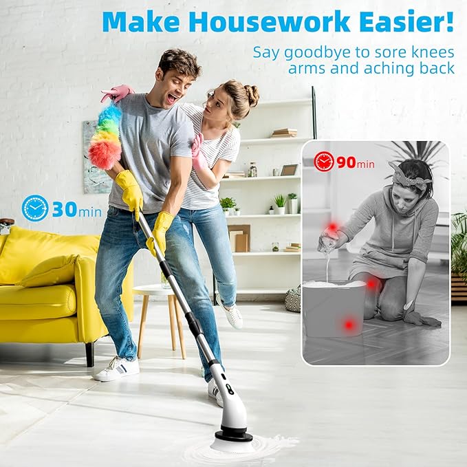 Electric Spin Scrubber Cordless, Electric Scrubber for Cleaning Bathroom with Long Handle, Electric Shower Scrubber, Power Cleaning Brush with 9 Brush Heads for Bathtub Tile Floor Car