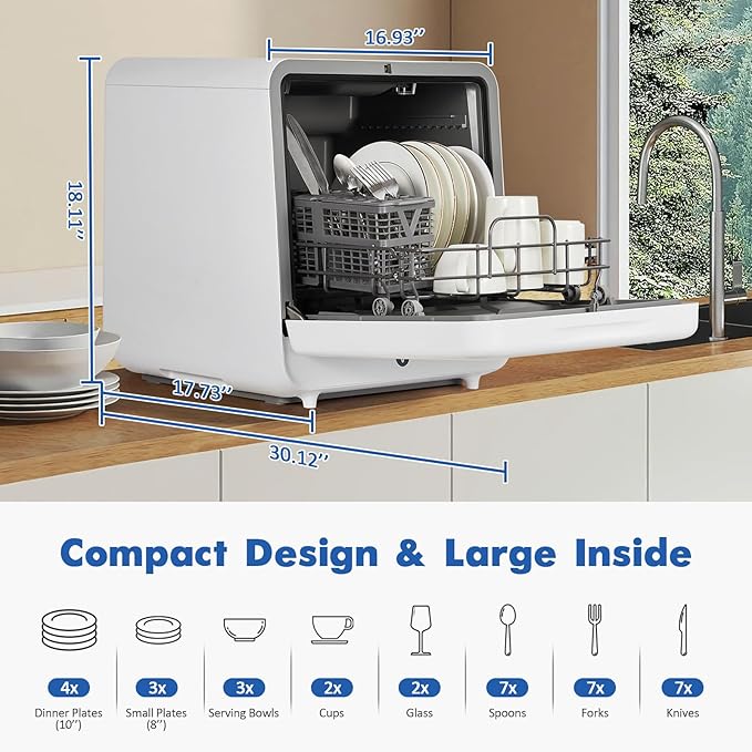 Portable Dishwasher Compact Dishwasher Countertop with Faucet & Manual Water Tank (5L) Modes Water Inlet, Compact with More Space Inside, 6 Programs Ideal for RV & Apartments