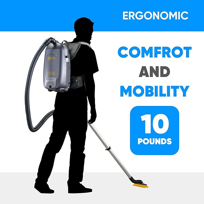 Prolux X8 Pro 10 lb Lightweight Commercial Backpack Vacuum – HEPA Filtration w/Sealed 8 Qt HEPA Bags, 120 CFM Commercial Suction, 50′ Cord, Loaded with Attachments
