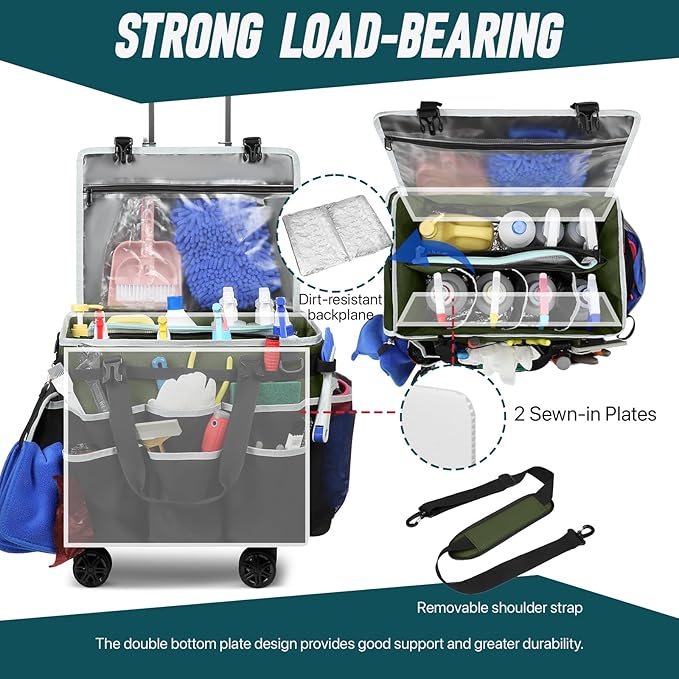 Large Rolling Cleaning Caddy Bag with Detachable Trolley, Full Support Plates for Professional Cleaning Supplies Bag, Organizer Bag with 4 Universal Wheels for Housekeepers, Car Wash (Green)
