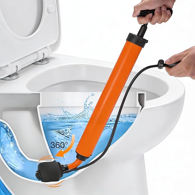 Manual Drain Unclogger with Adaptive Inflatable Plug, Fits NPS1.5~4.5" Pipes for Toilet/Sink/Bathtub, No Extra Accessories, Hand Pump Pressure & Washable, Lightweight Toilet Plunger & Drain Auger Tool