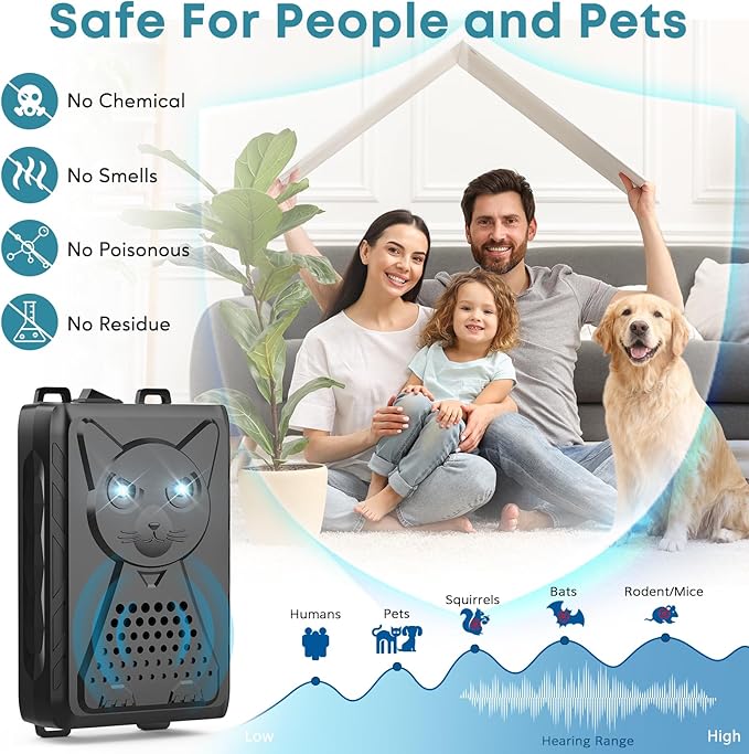 Ultrasonic Pest & Rodent Mouse Repellent, Plug-in Electronic Rat Squirrels Bat Bug Spider Repeller, Battery Operated Deterrent Control Mice for Car Engines, Replace Mouse Traps Indoor, Outdoor 1 Pack