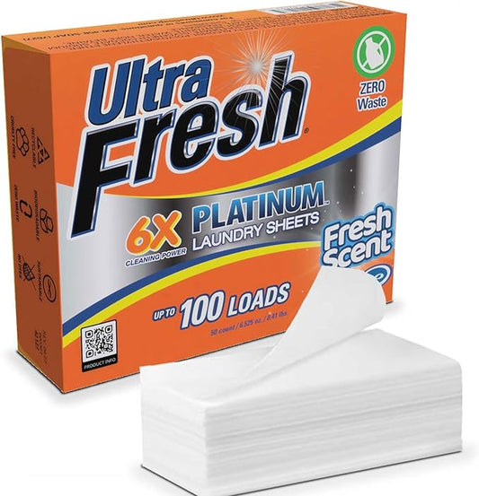 Ultra Fresh 50 Count Laundry Detergent Sheets for All Machine Types, 6X Platinum, Up to 100 Loads, Fresh Scent