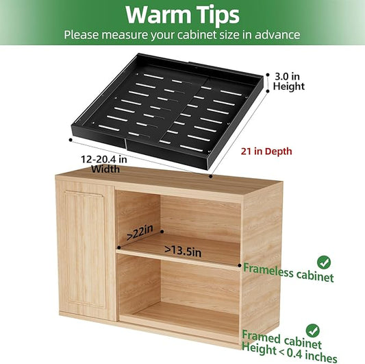 PAKETA 1 Pack Expandable Pull Out Cabinet Organizer, 21'' Deep Pull Out Drawers for Cabinets, Upgrade 3 Slide Rails Sliding Drawers for Cabinet with Adhesive Nano Film (Black)