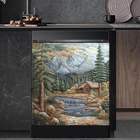 Mountain Cabin Landscape Kitchen Decor Dishwasher Magnet Cover Decal, Rustic Nature Scene with River and Pine Trees Magnetic Dish Washer Panel Vinyl Sticker, Refrigerator Magnets,23 x 26 inch