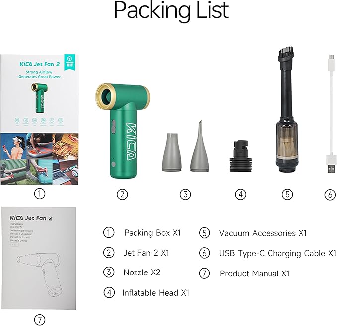 KiCA Jetfan 2.0 Electric Air Duster+Vacuum Accessory Combo for Computer/Keyboard/House Cleaning/Camera Lens/Camping/BBQ/Car/Barbershop,100000RPM,Two Nozzle/Long Battery,Air Can Substitute Tool-Green