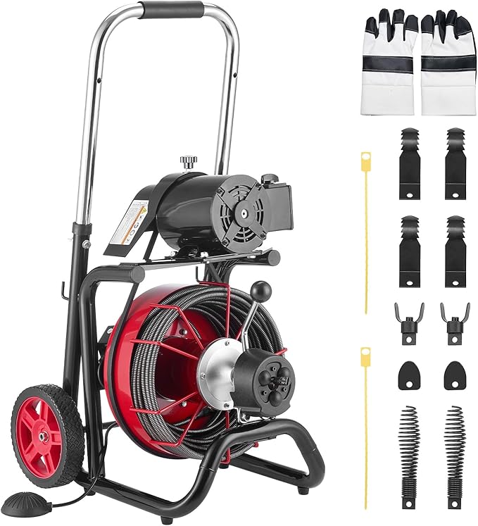 VEVOR Drain Cleaner Machine 100 FT x 3/8 Inch, Auto Feed Sewer Snake Auger on Wheels - with 8 Cutters & Air-Activated Foot Switch for 2" to 4" Pipes