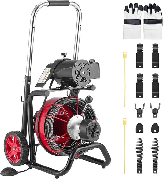 VEVOR Drain Cleaner Machine 100 FT x 3/8 Inch, Auto Feed Sewer Snake Auger on Wheels - with 8 Cutters & Air-Activated Foot Switch for 2" to 4" Pipes
