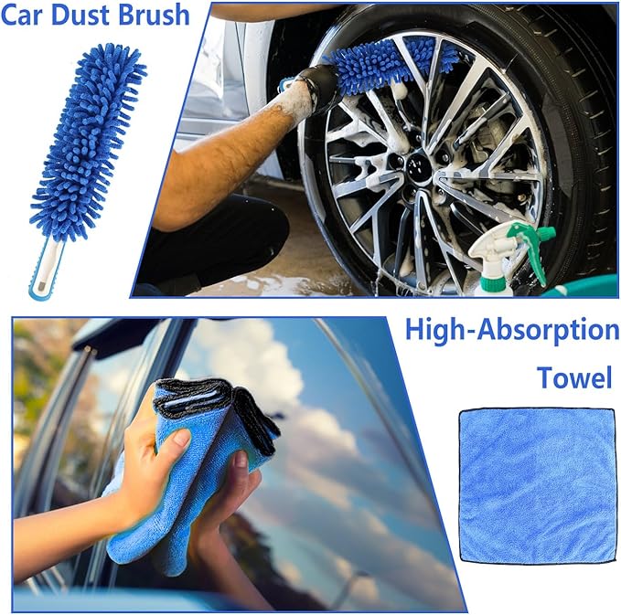 5Pcs Car Cleaning Brush Kit 61in Detachable Long Handle Soft Microfiber Mop Brush Mitt Windshield Squeegee Duster Towel Wheel Tier Brush Hose Adapter for Car RV Truck Boat
