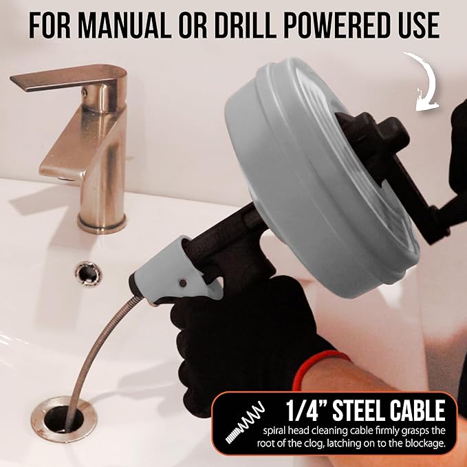 DrainX SPINFEED 50 Foot Drum Auger | Use Manually or Drill Powered - Auto Extend and Retract Plumbing Snake | Work Gloves and Storage Bag Included