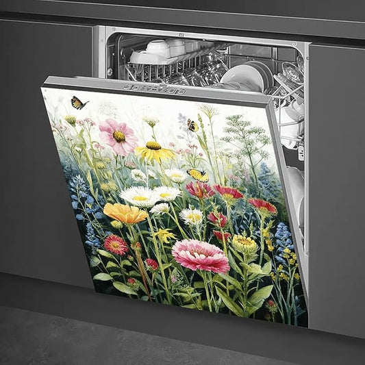 Dishwasher Magnet Cover 23x26 in Wildflower and Butterfly Scene Dishwasher Magnet Cover for Kitchen Appliance Decoration Front Panel Sticker Rustic Art Skin Panel Home Decor Decal