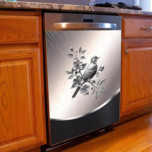 Dishwasher Covers Decorative Magnetic Sticker Sweet Home Fridge Magnetic Sticker,Stainless Steel Design Bird and Flower Pattern Refrigerator Magnets Kitchen Decor Magnetic Panel Decal 23W x 26H inchs