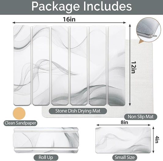 Small Stone Dish Drying Mat for Kitchen Counter, 2 PCS 16"×12" & 8"x4" Quick Dry Stone Mats, Foldable Water Absorbing Diatomaceous Earth Drying Dish Pad for Countertop Bottle Utensil Cup(White Gray)