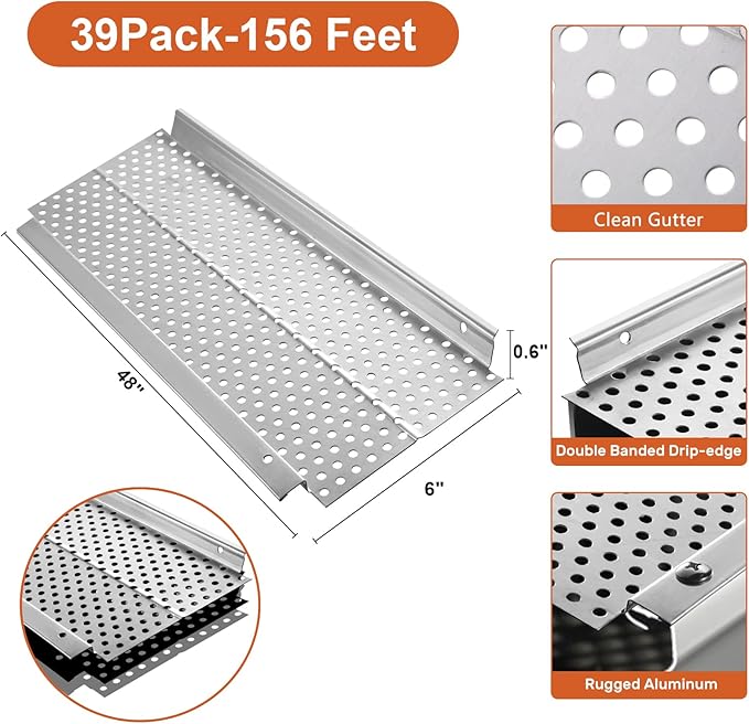 5 inch Gutter Guard, 39 Pack,156ft, Aluminum Mesh Leaf Guards, DIY Leaf Filter Gutter Protection Cover, Raptor Gutter Guard Cleaning Tools for Downspout, Roof, with Screws