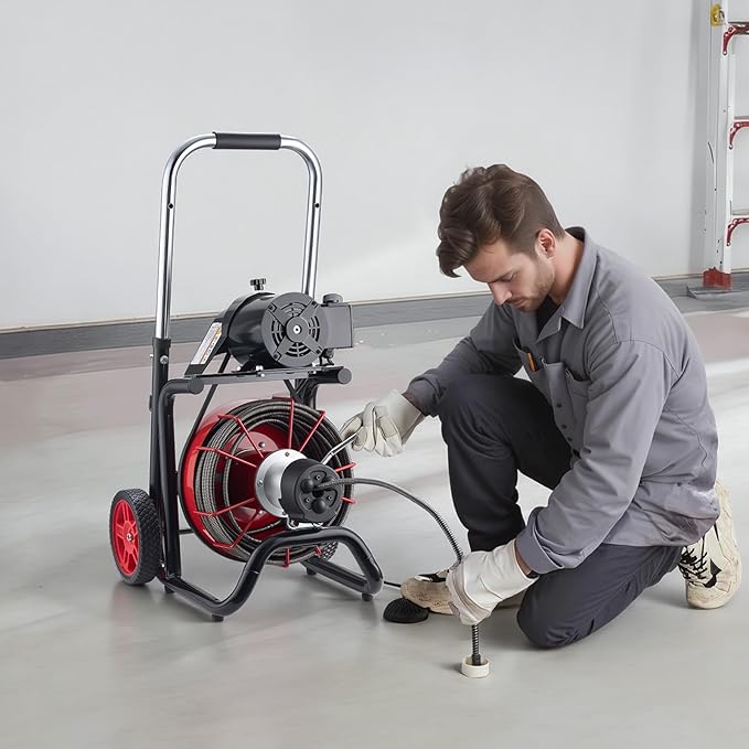 VEVOR Drain Cleaner Machine 100 FT x 1/2 Inch, Auto Feed Sewer Snake Auger on Wheels - with 8 Cutters & Air-Activated Foot Switch for 2" to 6" Pipes