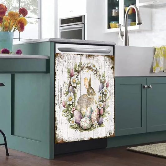 Easter Bunny Dishwasher Full Door Magnetic Sticker Home Appliances, Easter Eggs Refrigerator Magnet Skin Cover, Spring Wreath Magnetic Dishwasher Panel Cover - (23" x 26" Magnetic)