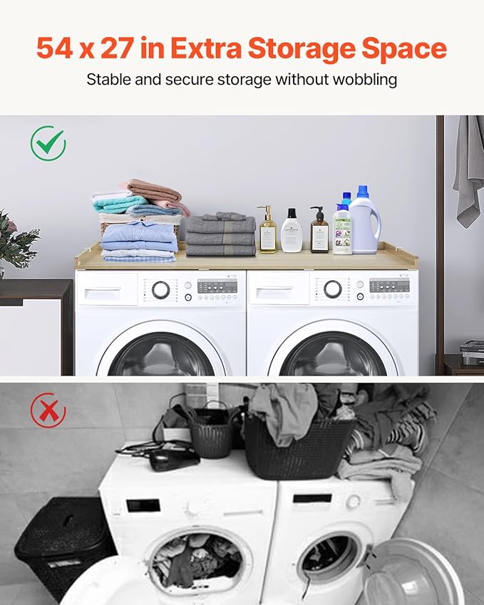 VEVOR Washer Dryer Countertop, 54" x 27" Wooden Washer and Dryer Countertop, Water-Resistant Laundry Machine Topper Cover with Anti-Slip Pads, for Laundry Room Organization and Storage, Oak