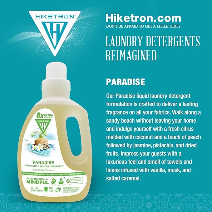 Hiketron Paradise Liquid Laundry Detergent, 5x Ultra Concentrated, Tough Stains Remover, Long Lasting Scent (40 Fl Oz, Pack of 1)