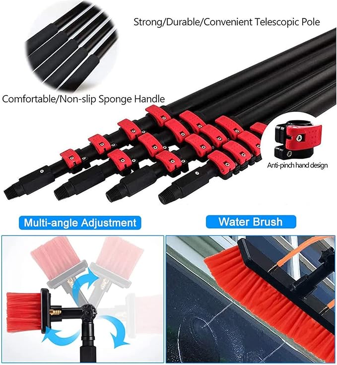 Window Cleaning Pole, Water Fed Telescopic Window Cleaning Brush, Extendable Cleaner Roof Cleaning Tools Window Cleaner Kit for Photovoltaic Panel, Trucks, Bus, Cars,18ft/5.4m-35cmBrushhead