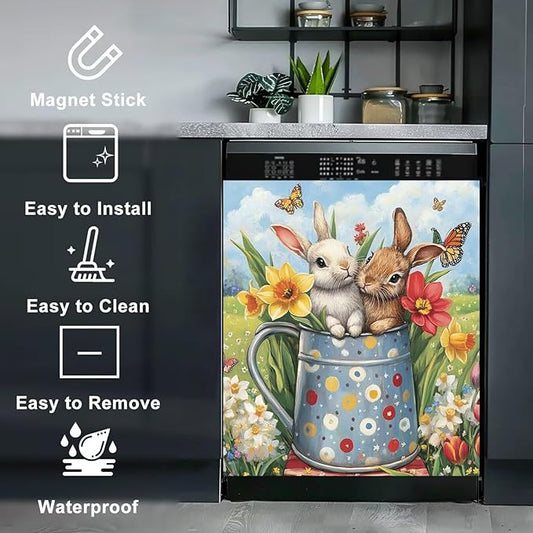 Easter Bunny Dishwasher Magnet Decoration Cover Kitchen, Two Rabbits Vinyl Magnetic Dishwasher Sticker, 23 x 26 in Spring Colorful Flowers Home Magnet Fridge Cover