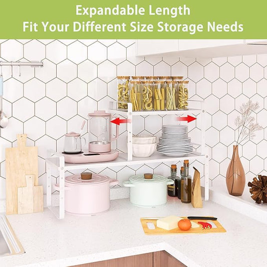 Expandable Cabinet Shelf Organizer Rack, Stackable Kitchen Counter Storage Shelves Stand, Adjustable Height Pantry Shelf Spice Rack