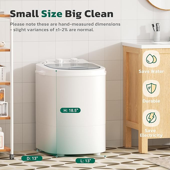Greenvelly Portable Washing Machine, Single Tub Small Laundry Washer with Spin Basket, 6.6lbs Portable Washer Dryer Combo for Apartments,Dorms (White Grey)