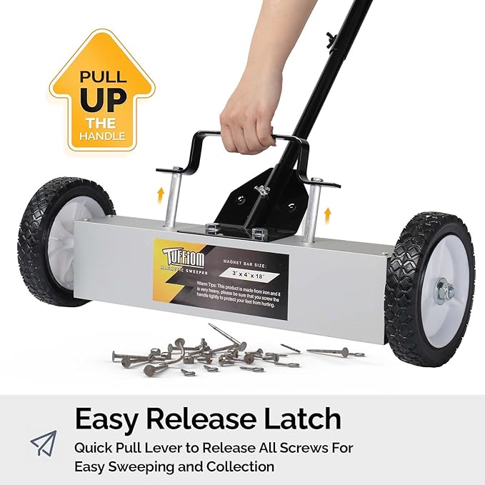 TUFFIOM 18'' Rolling Magnetic Pick-Up Sweeper |45-LBS Capacity, with Quick Release Latch & Adjustable Long Handle, for Nails Needles Screws Collection