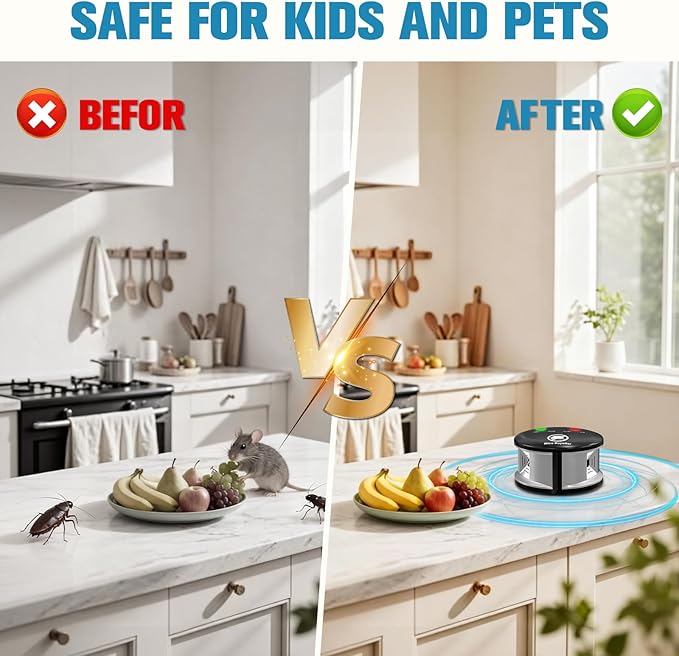 Ultrasonic Pest Repellent Indoor Home Mouse & Rodent Repeller Electronic Plug-in 360° Squirrels Deterrent with LED Strobe Light Pest Control Device for Attic House Kitchen Office Warehouse RVS